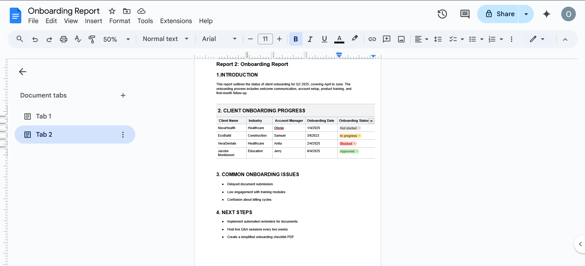 Client onboarding report sample