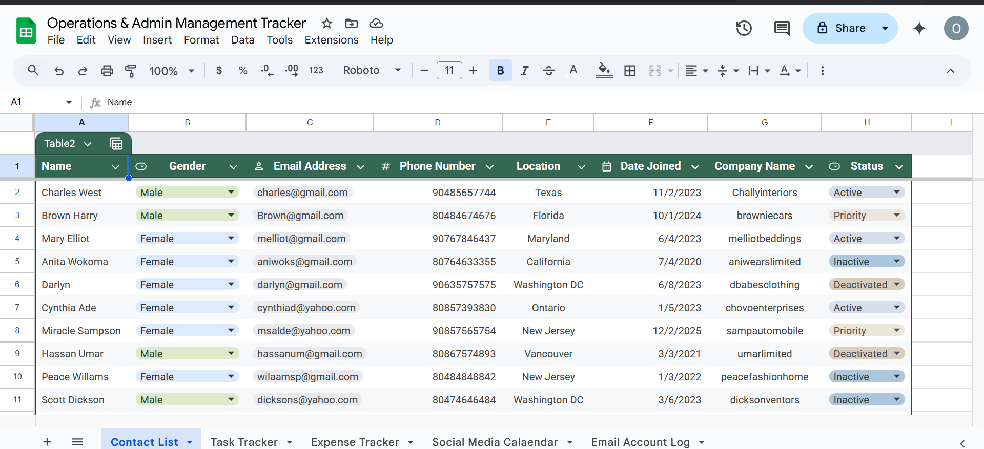 CRM contact list sample