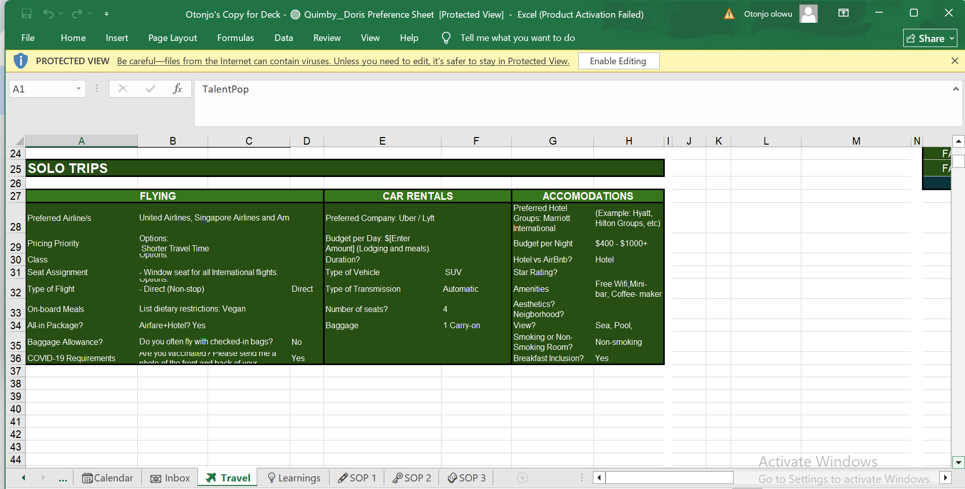 Travel preferences sample